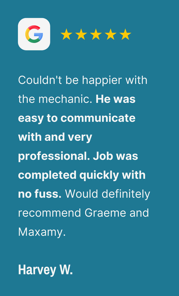 5-star review from Harvey W. praising Maxamy for quick and professional car repair service in Slough and surrounding areas.