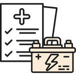 Icon showing a clipboard and car battery, representing a printed battery health report.