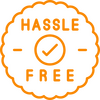 Hassle-free mobile service Orange icon showing a circular badge with a tick, representing hassle-free mobile car servicing.