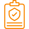Transparent reporting Orange clipboard and shield icon representing clear and transparent diagnostic reporting.