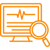 Latest equipment Orange computer and magnifying glass icon symbolising the use of advanced diagnostic equipment for vehicle checks.